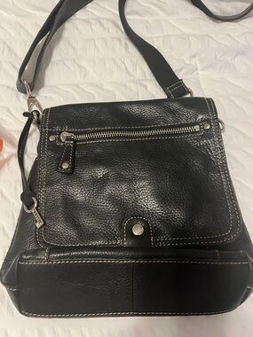 Black Leather Crossbody Bag with Contrast Stitching